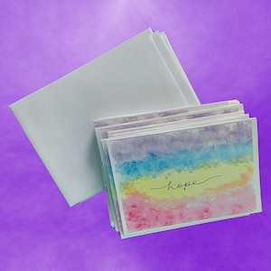 Juego de tarjetas de felicitación "Esperanza" con acuarela, hechas a mano, papelería arcoíris vibrante, interior en blanco para cartas, regalos, agradecimientos y palabras de aliento.