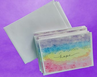 Handmade Watercolor 'Hope' Card Set of 5: Delicate Rainbow Blank Inside Stationery, Design #58