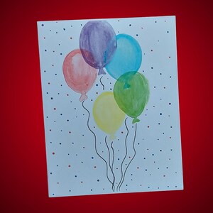 Tarjeta de felicitación festiva con globos vibrantes, arte de fiesta con acuarela único, interior en blanco para ocasiones alegres, juego de 10, hecha a mano con sobres