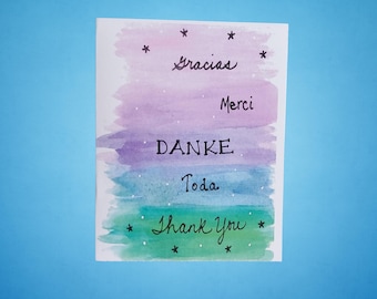 "Handgemachte mehrsprachige Dankeskarten im 10er-Set, Aquarellkunst, ""Dankeschön""-Papier, Dankeschön-Innenseite, Design #54."