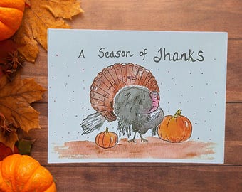 Hand-painted Thanksgiving Turkey Watercolor Card Set of 5 with envelopes: Fall Greetings Design #81