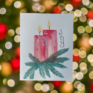 Tarjetas de felicitación navideñas con velas encendidas / Tarjetas navideñas alegres / Tarjetas de invierno en blanco / Sentimientos navideños / Diseño festivo de temporada