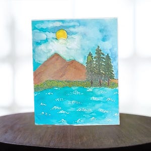 Conjunto de 10 cartões de felicitações originais pintados à mão com paisagens cênicas de montanhas, rios e árvores, em aquarela, com interior em branco para qualquer ocasião