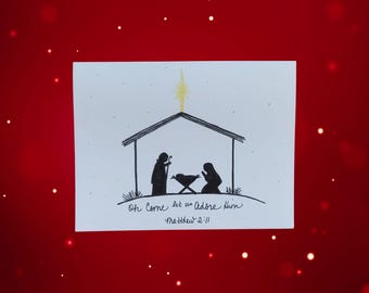 Hand-Drawn Nativity Christmas Cards Set of 5 with Envelopes: Religious Holiday Notecards, Blank Inside Seasonal Stationery, Design #133