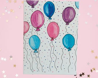 Juego de 10 tarjetas de felicitación con globos de acuarela y sobres: tarjetas de celebración hechas a mano, diseño n.° 97