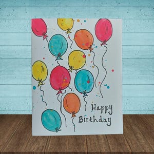 Cartão de felicitações de festa de aniversário com balões coloridos, design de aquarela comemorativo, cartões feitos à mão "Feliz aniversário", conjunto de 10 com envelopes