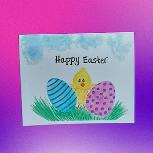 Tarjetas de felicitación festivas de Pascua con huevos y pollitos, diseño primaveral en acuarela con la frase "Felices Pascuas". Juego de 10 tarjetas hechas a mano con sobres.