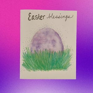 Tarjeta de felicitación festiva de huevo de Pascua, diseño de hierba en acuarela con "Bendiciones de Pascua" preescritas. Juego de 10 tarjetas hechas a mano con sobres.