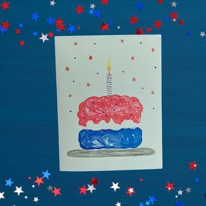 Patriottische aquarel rood-witte en blauwe verjaardagstaartkaarten, blanco set van 10, VS 4 juli, vier de VS, handgemaakte unieke kunst