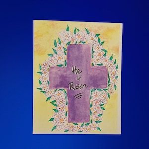 Cartão de Páscoa com Cruz, Design Floral em Aquarela, Pré-escrito "Ele Ressuscitou" - Conjunto de 10 Cartões Feitos à Mão com Envelopes