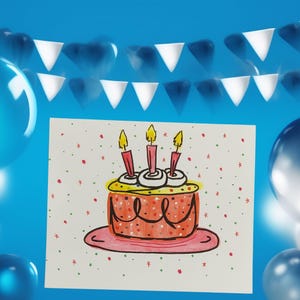 お祝いのバースデーケーキのグリーティングカード、カラフルな手描きデザイン、個人的なメッセージを書き込める内側は空白、封筒付き手作りの10枚セット