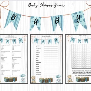 Baby Boy Shower Printables w Answer Keys / Baby Boy Shower Games / Instant Download / Baby Word Search / Baby Trivia / Baby Word Scramble