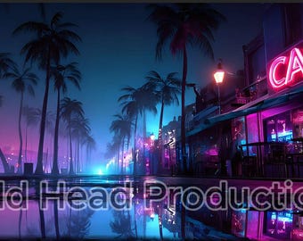 Op de afbeelding: Een nachtelijke straatscène met palmbomen en een café met neonverlichting. Het woord "CAFE" is in felroze neon. De natte straat weerspiegelt de neonlichten en de tekst "Old Head Production". Het kleurenpalet wordt gedomineerd door blauw, roze en paars.