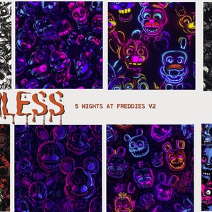 Puede incluir: Un conjunto de 8 patrones digitales sin costuras con varios personajes del videojuego "Five Nights at Freddy's" en diferentes esquemas de colores. Los patrones incluyen blanco y negro, rojo, morado, azul y amarillo.