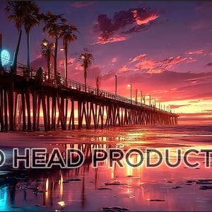 Puede incluir: Imagen de arte digital de un muelle al atardecer. El muelle se extiende hacia el océano, con un bar en la entrada. El cielo está lleno de colores vibrantes de rosa, naranja y morado. El texto "OLD HEAD PRODUCTION" está en la parte inferior.