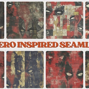 May include: A collage of eight square images featuring a distressed, grunge-style design. The images showcase the face of a comic book anti-hero in red and black, with the text "ANTI-HERO INSPIRED SEAMLESS" in orange.