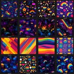 May include: A collection of 25 digital seamless patterns featuring rainbow stripes, hearts, stars, and clouds on a dark purple background. The patterns are ideal for use in crafting, scrapbooking, and digital design.