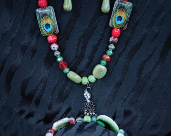 Peacock necklace, bracelet, earring set