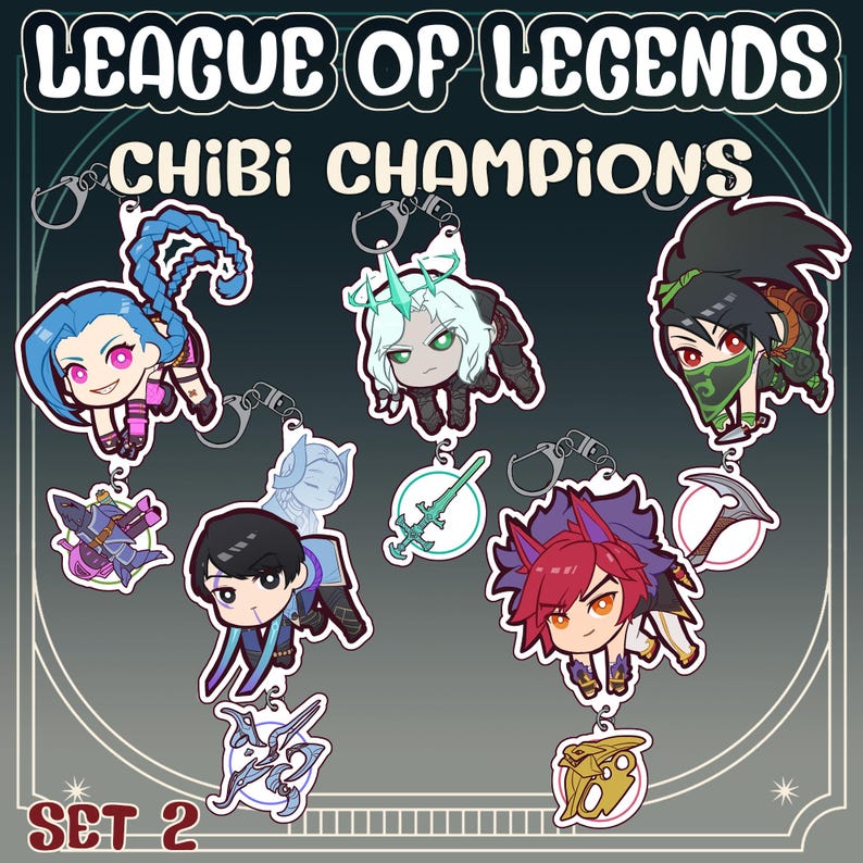 May include: League of Legends Chibi Champions Set 2 keychains. The set includes six keychains featuring chibi versions of popular League of Legends characters: Jinx, Syndra, Akali,  Yone,  Rell, and  Jhin. Each keychain is attached to a silver metal ring.
