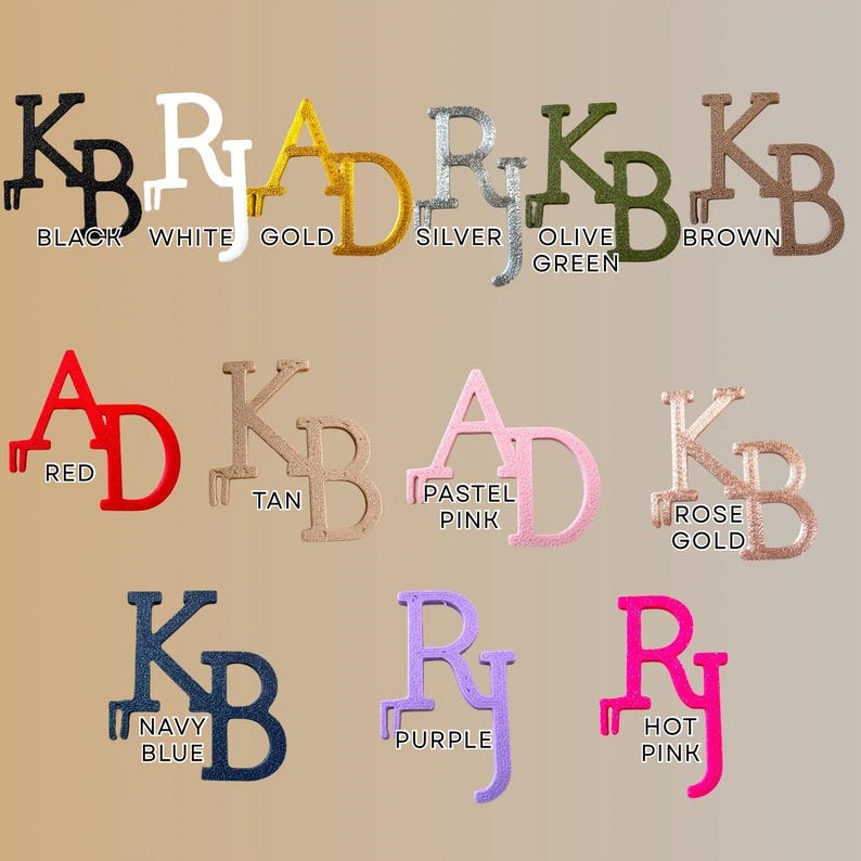 May include: A collection of colorful letter and initial designs in various colors, including black, white, gold, silver, olive green, brown, red, tan, pastel pink, rose gold, navy blue, purple, and hot pink. Each design features a unique font.
