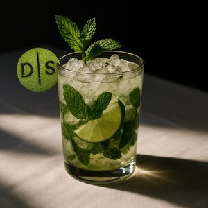 May include: A refreshing mojito cocktail in a clear glass. The drink is filled with ice, mint leaves, and a lime wedge. A green circular logo with the letters "D" and "S" is on the left. The drink sits on a white surface.