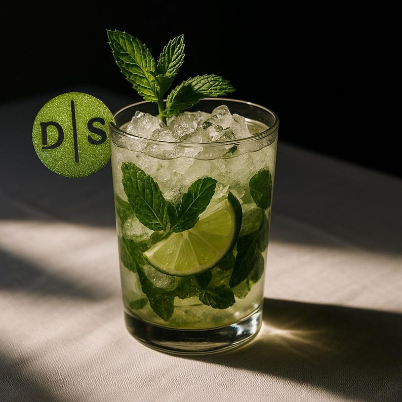May include: A refreshing mojito cocktail in a clear glass. The drink is filled with ice, mint leaves, and a lime wedge. A green circular logo with the letters "D" and "S" is on the left. The drink sits on a white surface.
