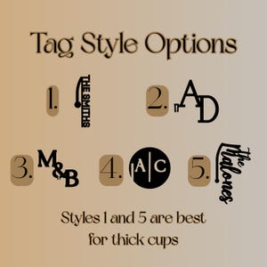 May include: Image showcasing tag style options, numbered 1 through 5, with various text designs. The text includes names and initials, such as "The Smiths" and "M&B." The text "Styles 1 and 5 are best for thick cups" is also present.
