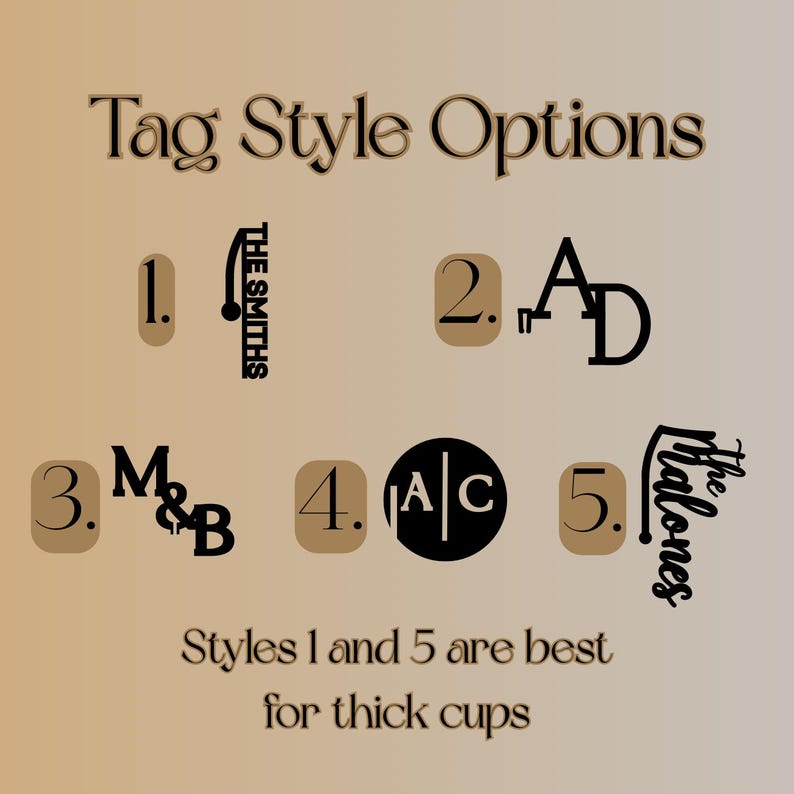May include: Image showcasing tag style options, numbered 1 through 5, with various text designs. The text includes names and initials, such as "The Smiths" and "M&B." The text "Styles 1 and 5 are best for thick cups" is also present.
