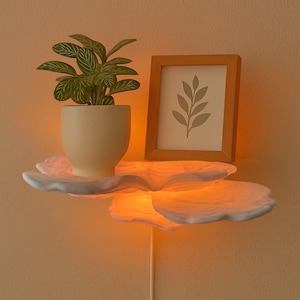 May include: A white, flower-shaped wall shelf with a built-in light. The shelf is lit with a warm, orange glow. A small potted plant and a framed print with a leaf design are on the shelf.