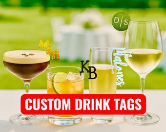 Aangepaste gepersonaliseerde dranktags - elegante bekertags voor bruiloften, drankjetoppers voor bruiloften, feesten, initialentags, aangepaste bruiloftsdecor