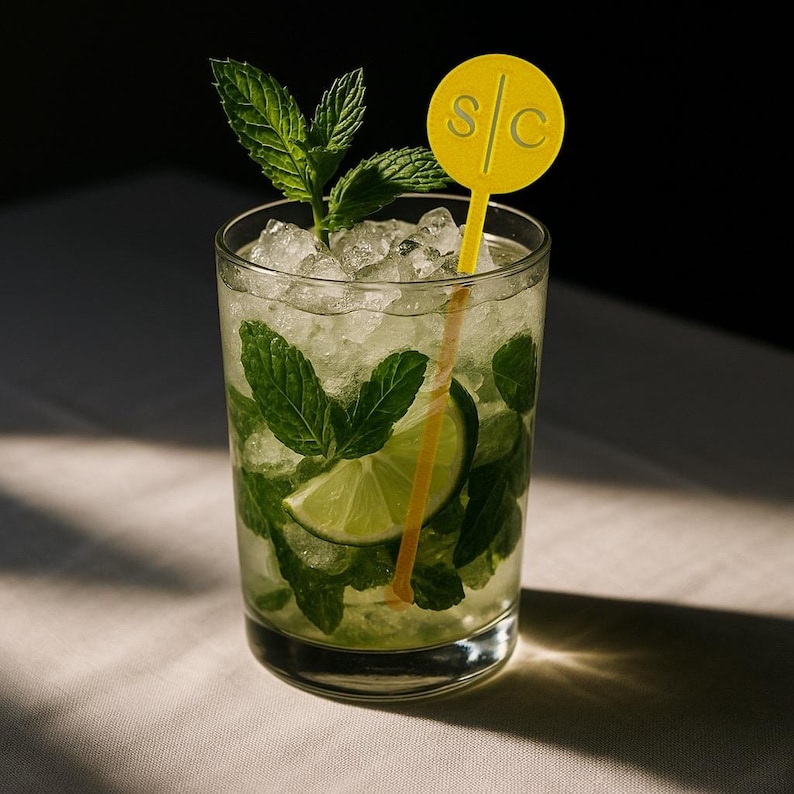 Op de afbeelding: Een verfrissende mojito cocktail in een helder glas. De drank is gevuld met ijs, muntblaadjes en een limoenpartje. Een gele drankroerder met de letters "S/C" is in de drank geplaatst. De drank staat op een witte ondergrond.