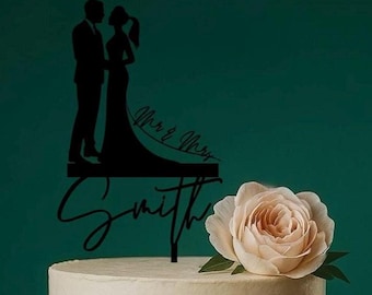 Wedding Cake Topper Silhouette with Personalized Last Name, Customize Topper, Couple Silhouette, Mr Mrs Cake Topper Elegant or Modern.