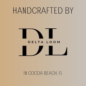 May include: A logo with the text "HANDCRAFTED BY" at the top, and "DL DELTA LOOM DL" in a bold, black font. Below, the text "IN COCOA BEACH, FL" is displayed. The background has a gradient of light brown to beige.