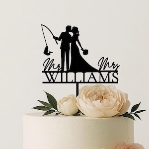 Topo de bolo de casamento de pesca personalizado - Topo de bolo personalizado Sr. e Sra. - Decoração de bolo com silhueta engraçada para amantes da natureza e casais que gostam de atividades ao ar livre