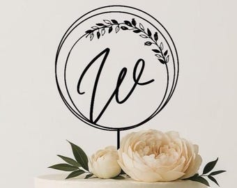 Wedding Initials Monogram Cake Topper - Personalized Circle Wreath Design - Custom Script Wedding Cake Topper - Modern Elegant Decor