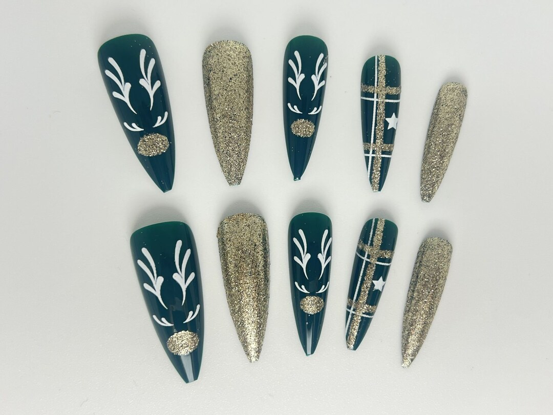 Elk Antlers Nails Gold Nails Glitter Nails Press on Nails Etsy