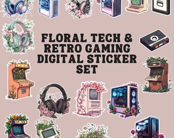Floral Retro Gaming Stickers: Tech & Nature PNG Set (Digital Download)