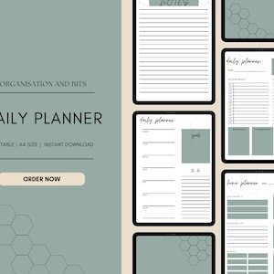 Puede incluir: Plantillas de planificador diario imprimibles con un esquema de color verde y blanco. Las plantillas incluyen secciones para notas, planificación diaria y planificación del hogar. El texto "ORGANISATION AND BITS" y "DAILY PLANNER" es visible en la parte superior de la imagen.