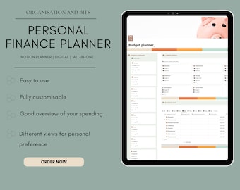 Puede incluir: Una plantilla de planificador financiero personal digital para Notion. La plantilla incluye secciones para presupuestar, gastar y ahorrar. La plantilla está diseñada para ayudar a los usuarios a realizar un seguimiento de sus finanzas y tomar decisiones financieras informadas.