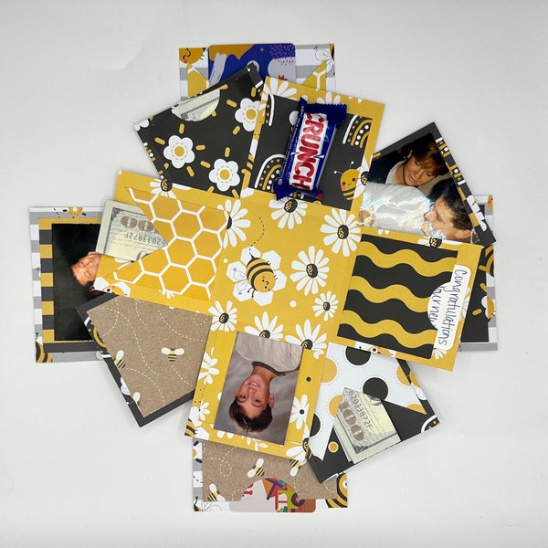 Explosion Box Surprise Box All-Occasion Gift  Honeycomb Bee Four Nesting Boxes with room for candy money GC photos and more.