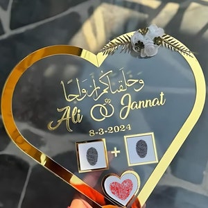Marco de tablero de huellas dactilares Nikah en forma de corazón de acrílico Tablero Nikah musulmán personalizado Contrato de matrimonio islámico Contrato Nikkah huellas dactilares