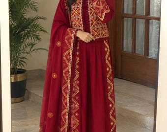 Vestido/chaqueta maxi estilo pantalón, dupatta y pantalón, color granate bordado, de estilo pakistaní, para invierno.
