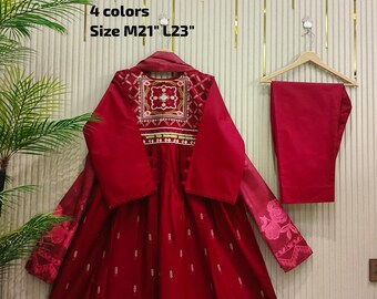 Vestido/chaqueta maxi estilo pantalón, dupatta y pantalón, color granate bordado, de estilo pakistaní, para invierno.