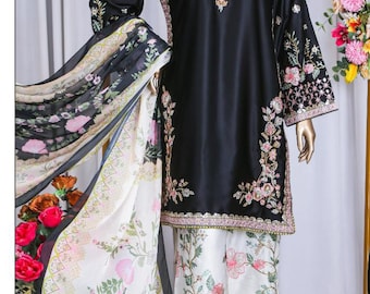 Traje pakistaní de seda bordado, pantalón completamente bordado con dupatta de gasa.
