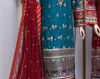 Traje pakistaní de camisa y pantalón azul verdoso con dupatta granate, conjunto tradicional de 3 piezas.