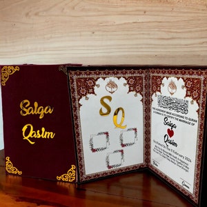 Libro de certificados Nikah rojo personalizado A4 con huellas dactilares y certificado de firma, contrato de boda musulmán árabe, folleto de Nikkah de recuerdo