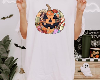 Comfort Colors Patchwork Kürbis T-Shirt, Vintage Halloween Tee