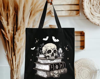 Gothic Skull Books Tote Bag: Spooky Witchy Canvas Bag