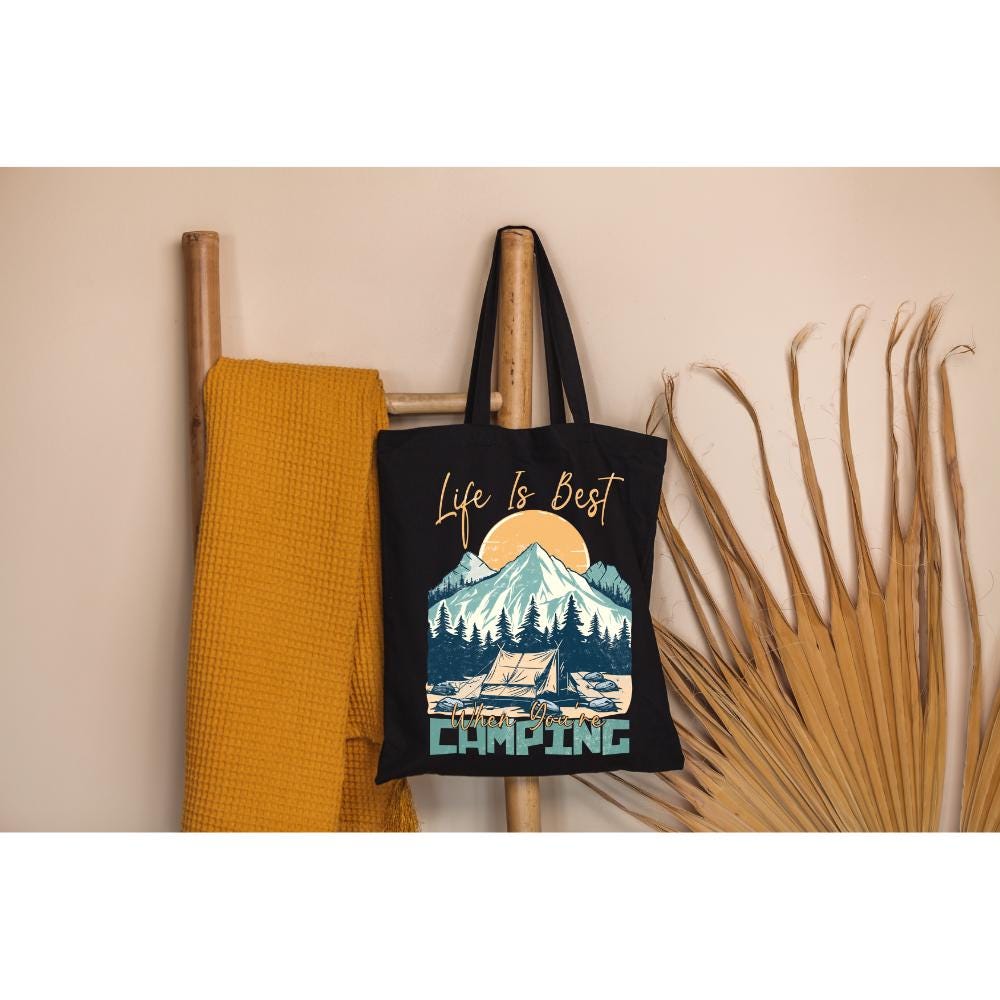 Womens Camping Tote Bag,Life Is Best When You're Camping Tote Bag,Travel Tote Bag,Mountain And Pine Tree Bag,Gift For Camp Lover,Hiking Gift