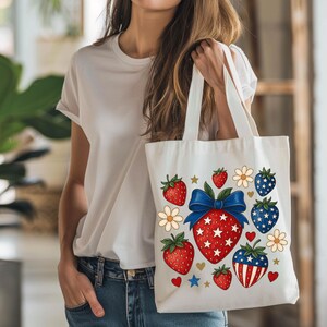 Patriotic Strawberry Canvas Tote Bag: 4th of July Red White Blue Bow